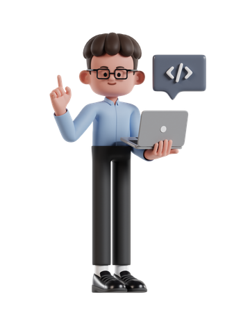 Curly Haired Businessman Doing Developing Website On Laptop  3D Illustration