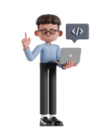 Curly Haired Businessman Doing Developing Website On Laptop  3D Illustration