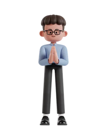 3 D Illustration Of Cartoon Curly Haired Businessman Wearing Glasses Doing Namaste Or Welcoming Gesture 3D Illustration