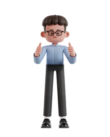 3 D Illustration Of Cartoon Curly Haired Businessman Wearing Glasses Give Double Thumbs Up 3D Illustration