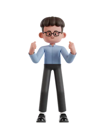 3 D Illustration Of Cartoon Curly Haired Businessman Wearing Glasses Celebrating 3D Illustration
