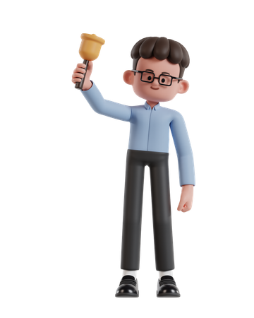 Curly Haired Businessman Holding Bell To Remind  3D Illustration