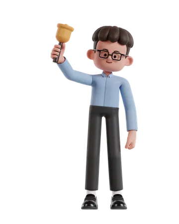 3 D Illustration Of Cartoon Curly Haired Businessman Wearing Glasses Holding Bell To Remind 3D Illustration