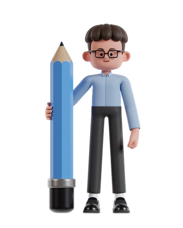 Curly Haired Businessman Holding Big Pencil  3D Illustration