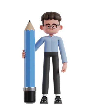 3 D Illustration Of Cartoon Curly Haired Businessman Wearing Glasses Holding Big Pencil 3D Illustration