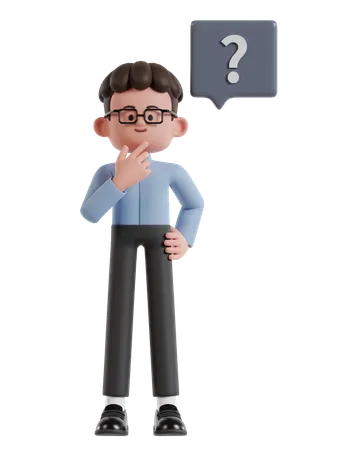 3 D Illustration Of Cartoon Curly Haired Businessman Wearing Glasses Holding Chin While Thinking With Question Mark 3D Illustration
