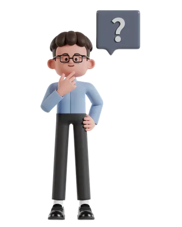 Curly Haired Businessman Holding Chin While Thinking With Question Mark  3D Illustration