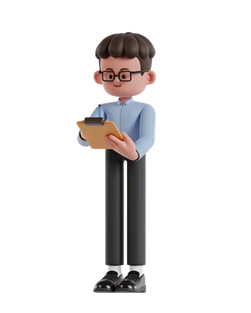 3 D Illustration Of Cartoon Curly Haired Businessman Wearing Glasses Holding Clipboard And Writing With Pencil 3D Illustration