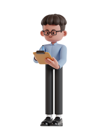 Curly Haired Businessman Holding Clipboard And Writing With Pencil  3D Illustration