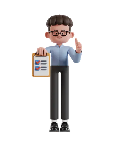 3 D Illustration Of Cartoon Curly Haired Businessman Wearing Glasses Holding Clipboard Completing Task With Checklist 3D Illustration