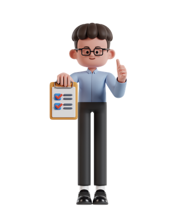 Curly Haired Businessman Holding Clipboard Completing Task With Checklist  3D Illustration