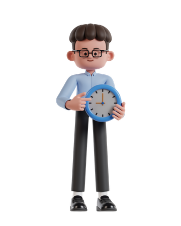 Curly Haired Businessman Holding Clock  3D Illustration
