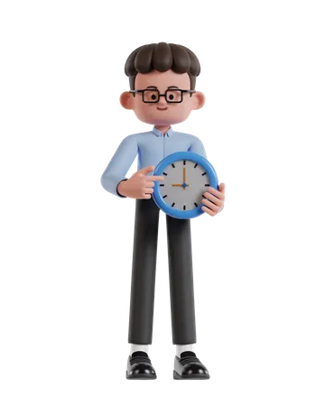 3 D Illustration Of Cartoon Curly Haired Businessman Wearing Glasses Holding Clock 3D Illustration
