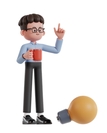 Curly Haired Businessman Holding Coffee Cup And Getting Inspiration  3D Icon