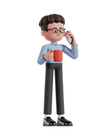 Curly Haired Businessman Holding Coffee Cup And Talking On Cell Phone  3D Illustration