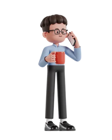 3 D Illustration Of Cartoon Curly Haired Businessman Wearing Glasses Holding Coffee Cup And Talking On Cell Phone 3D Illustration
