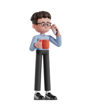 Curly Haired Businessman Holding Coffee Cup And Talking On Cell Phone  3D Icon