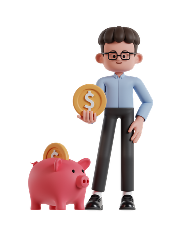 Curly Haired Businessman Holding Coins And Saving In Piggy Bank  3D Illustration