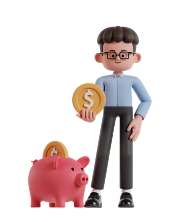 3 D Illustration Of Cartoon Curly Haired Businessman Wearing Glasses Holding Coins Is Saving In Piggy Bank 3D Illustration