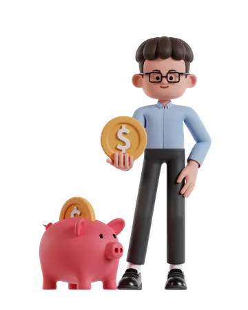 Curly Haired Businessman Holding Coins And Saving In Piggy Bank  3D Illustration