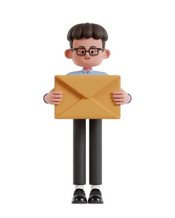 3 D Illustration Of Cartoon Curly Haired Businessman Wearing Glasses Holding Yellow Envelope 3D Illustration