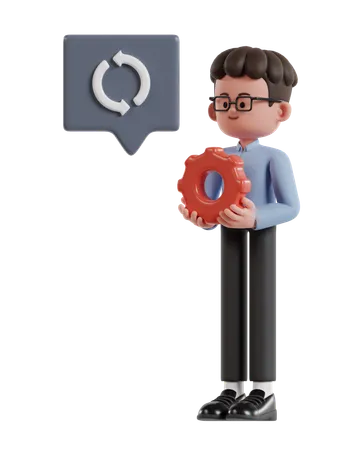 3 D Illustration Of Cartoon Curly Haired Businessman Wearing Glasses Holding Red Gear Managing Business 3D Illustration