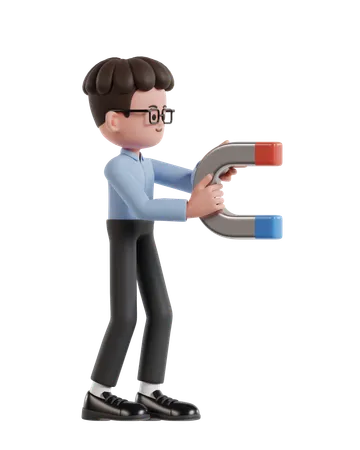 3 D Illustration Of Cartoon Curly Haired Businessman Wearing Glasses Holding A Magnet Attracting Profits 3D Illustration