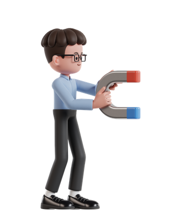 Curly Haired Businessman Holding Magnet Attracting Profits  3D Illustration