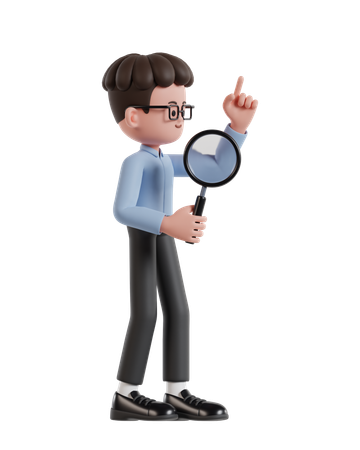 Curly Haired Businessman Holding Magnifying Glass Looking For Business Solutions  3D Illustration