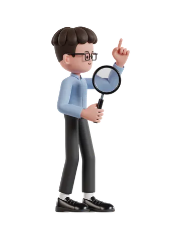 3 D Illustration Of Cartoon Curly Haired Businessman Wearing Glasses Holding A Magnifying Glass Looking For Business Solutions 3D Illustration