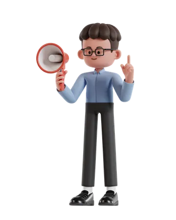 3 D Illustration Of Cartoon Curly Haired Businessman Wearing Glasses Holding A Megaphone While Raising A Finger 3D Illustration