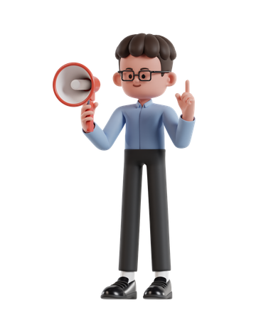 Curly Haired Businessman Holding Megaphone While Raising Finger  3D Illustration