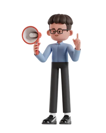 Curly Haired Businessman Holding Megaphone While Raising Finger  3D Illustration