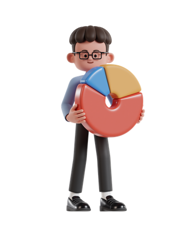 Curly Haired Businessman Holding Pie Chart Presentation  3D Illustration