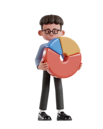 3 D Illustration Of Cartoon Curly Haired Businessman Wearing Glasses Holding Pie Chart Presentation 3D Illustration