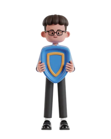 3 D Illustration Of Cartoon Curly Haired Businessman Wearing Glasses Holding Protection Shield 3D Illustration