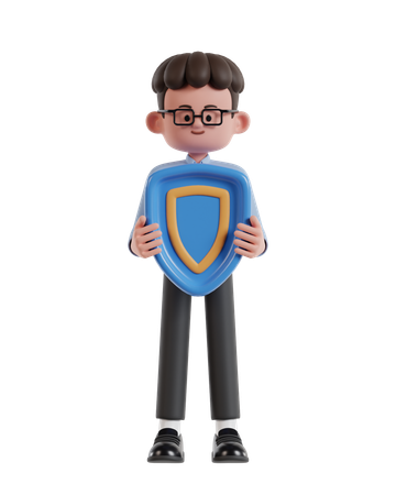 Curly Haired Businessman Holding Protection Shield  3D Illustration