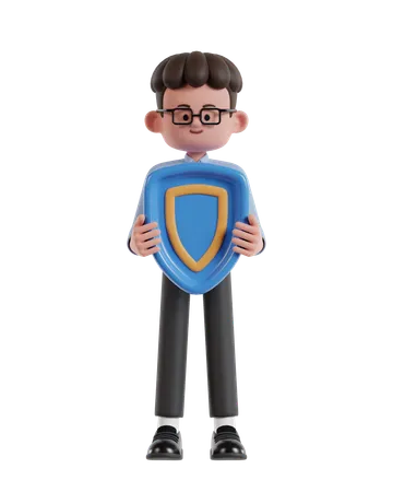 Curly Haired Businessman Holding Protection Shield  3D Illustration