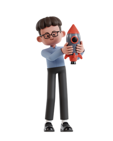 Curly Haired Businessman Holding Rocket  3D Illustration