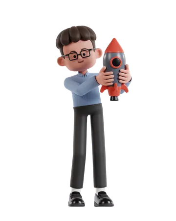 3 D Illustration Of Cartoon Curly Haired Businessman Wearing Glasses Holding Rocket 3D Illustration