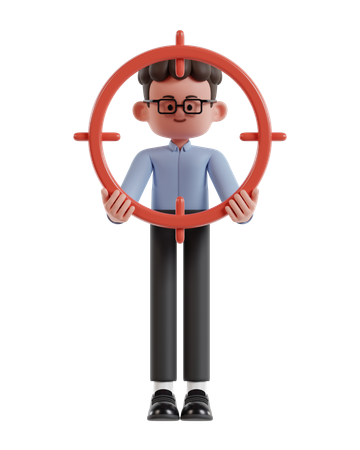 Curly Haired Businessman Holding Target Aiming Scope  3D Illustration