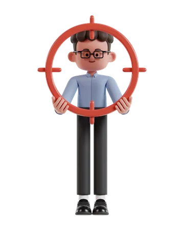3 D Illustration Of Cartoon Curly Haired Businessman Wearing Glasses Holding Target Aiming Scope 3D Illustration
