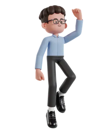 3 D Illustration Of Cartoon Curly Haired Businessman Wearing Glasses Jumping 3D Illustration
