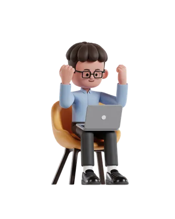 3 D Illustration Of Cartoon Curly Haired Businessman Wearing Glasses Looking At Laptop Screen While Raising His Hand In Celebration 3D Illustration