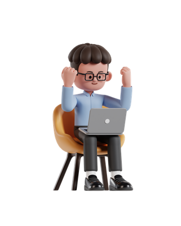 Curly Haired Businessman Looking At Laptop Screen While Raising His Hand In Celebration  3D Illustration