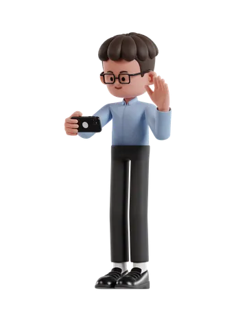 3 D Illustration Of Cartoon Curly Haired Businessman Wearing Glasses Is Making A Video Call With A Smartphone 3D Illustration