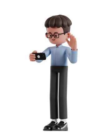 Curly Haired Businessman Making Video Call With Smartphone  3D Icon
