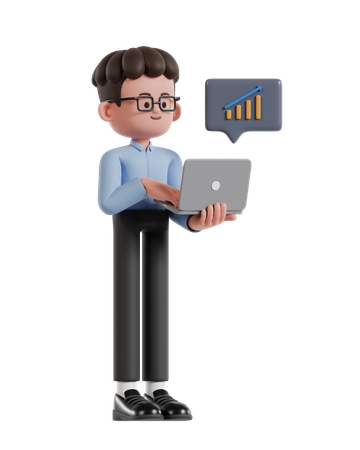 Curly Haired Businessman Monitoring Growth Statistics On Laptop Screen  3D Illustration