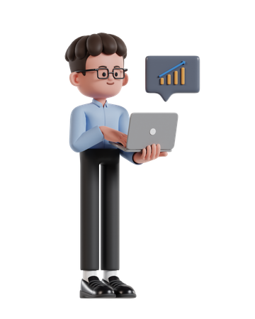 Curly Haired Businessman Monitoring Growth Statistics On Laptop Screen  3D Illustration