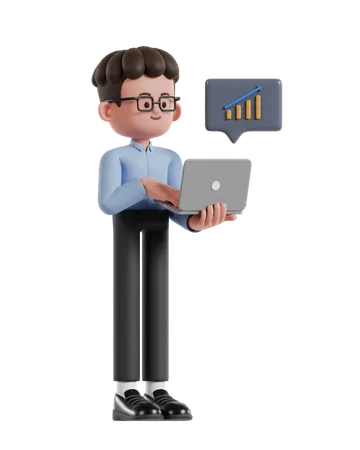 Curly Haired Businessman Monitoring Growth Statistics On Laptop Screen  3D Illustration